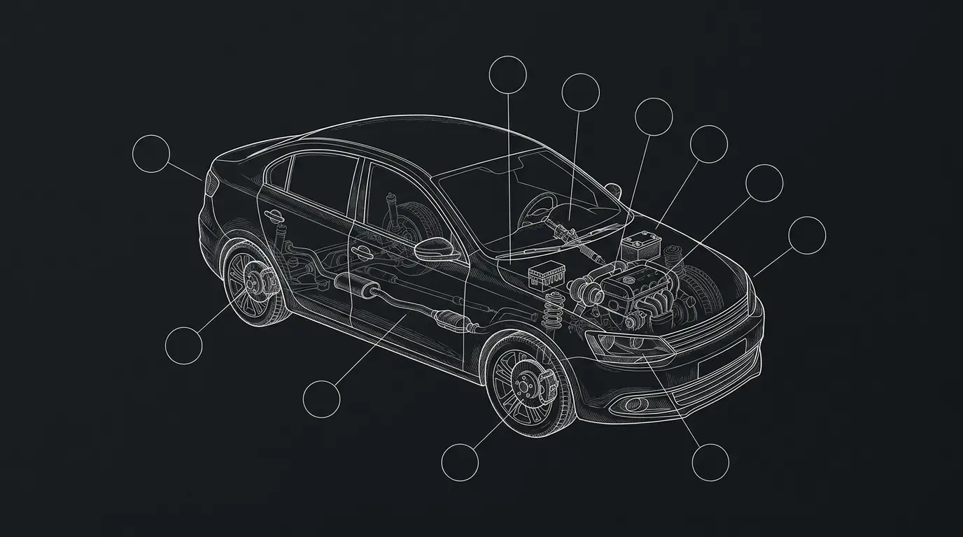 Plano técnico de un auto con los 12 sistemas de la inspección señalados